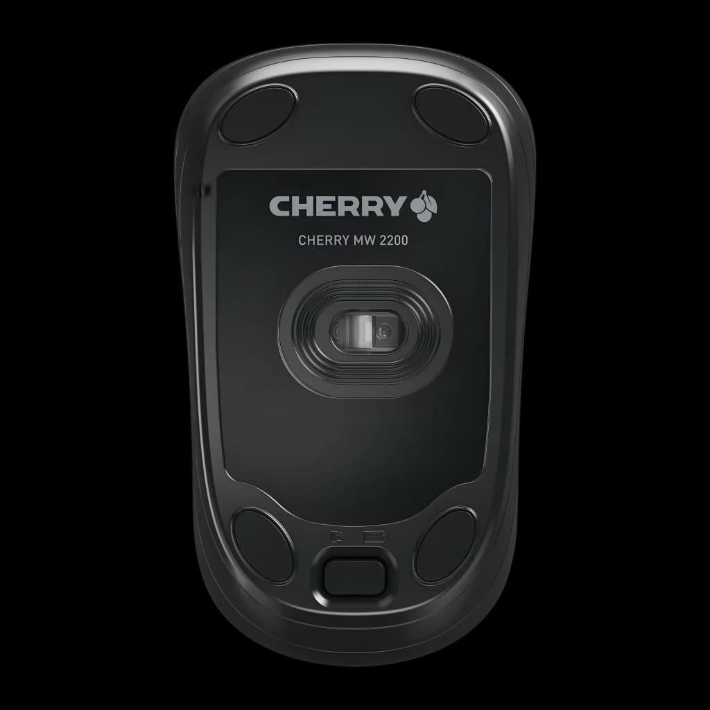 CHERRY Ratón inalámbrico MW 2200 negro, vista inferior: sensor óptico, patas deslizantes, logo y botón de conexión
