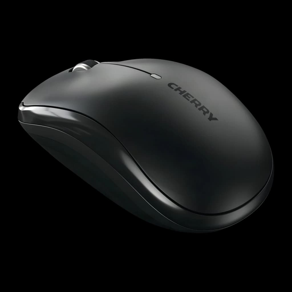 CHERRY Ratón inalámbrico MW 2200 negro, vista lateral: perfil ergonómico, rueda plateada y logo CHERRY en la cubierta mate (2)