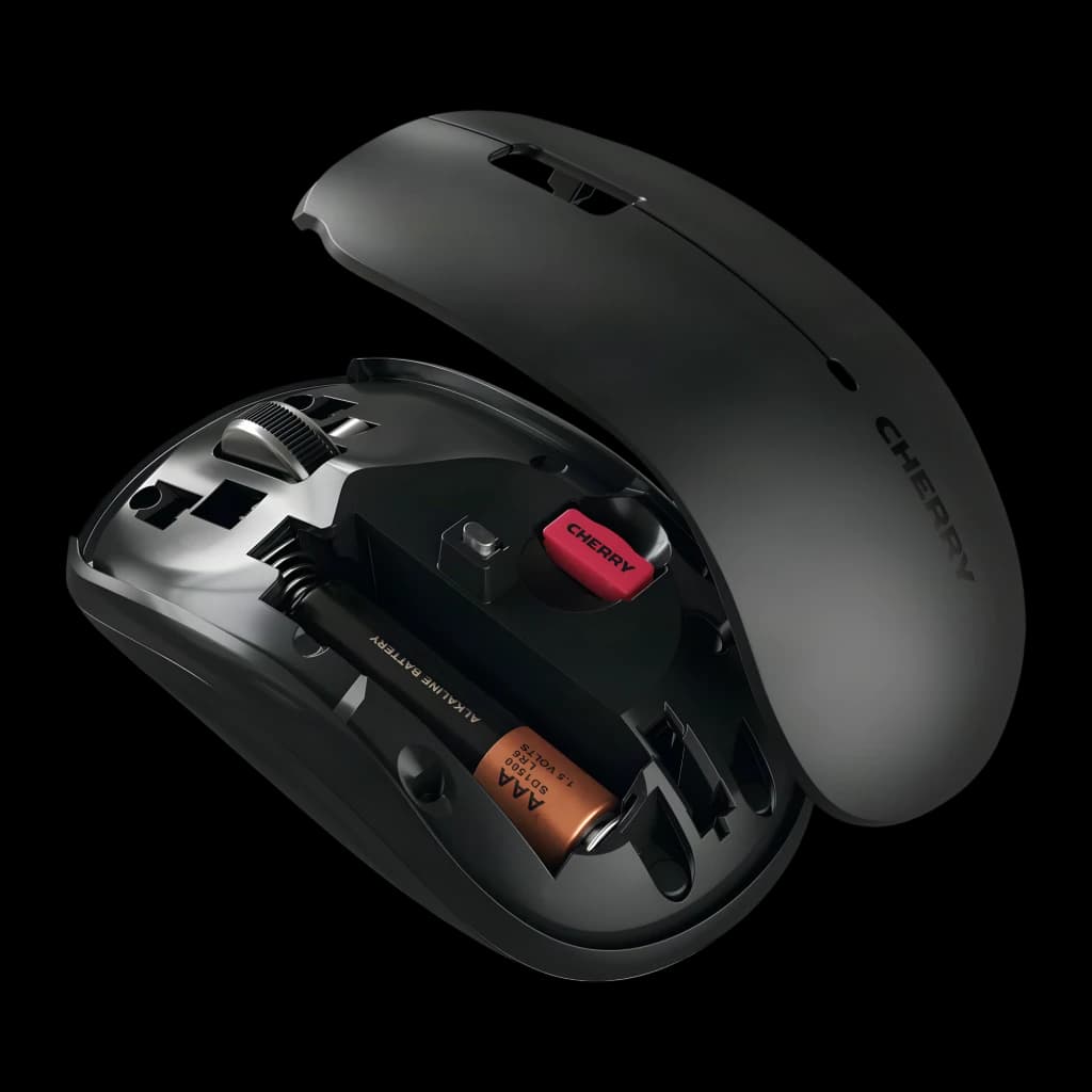 CHERRY Ratón inalámbrico MW 2200 negro, interior abierto: compartimento de batería AAA y receptor USB visibles