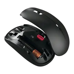 CHERRY Ratón inalámbrico MW 2200 negro, interior abierto: compartimento de batería AAA y receptor USB visibles