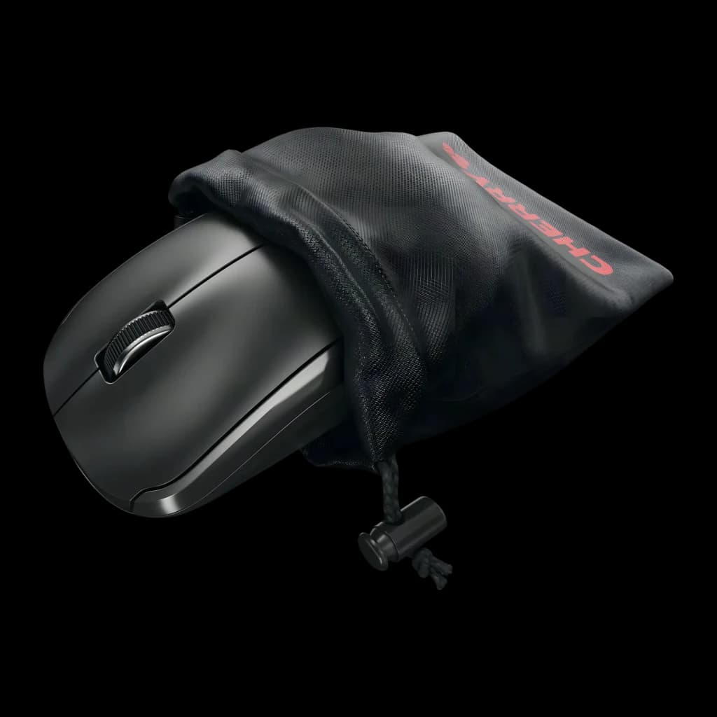 CHERRY Ratón inalámbrico MW 2200 negro, vista lateral: ratón con bolsa de transporte negra de malla con logo CHERRY en rojo