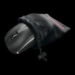 CHERRY Ratón inalámbrico MW 2200 negro, vista lateral: ratón con bolsa de transporte negra de malla con logo CHERRY en rojo
