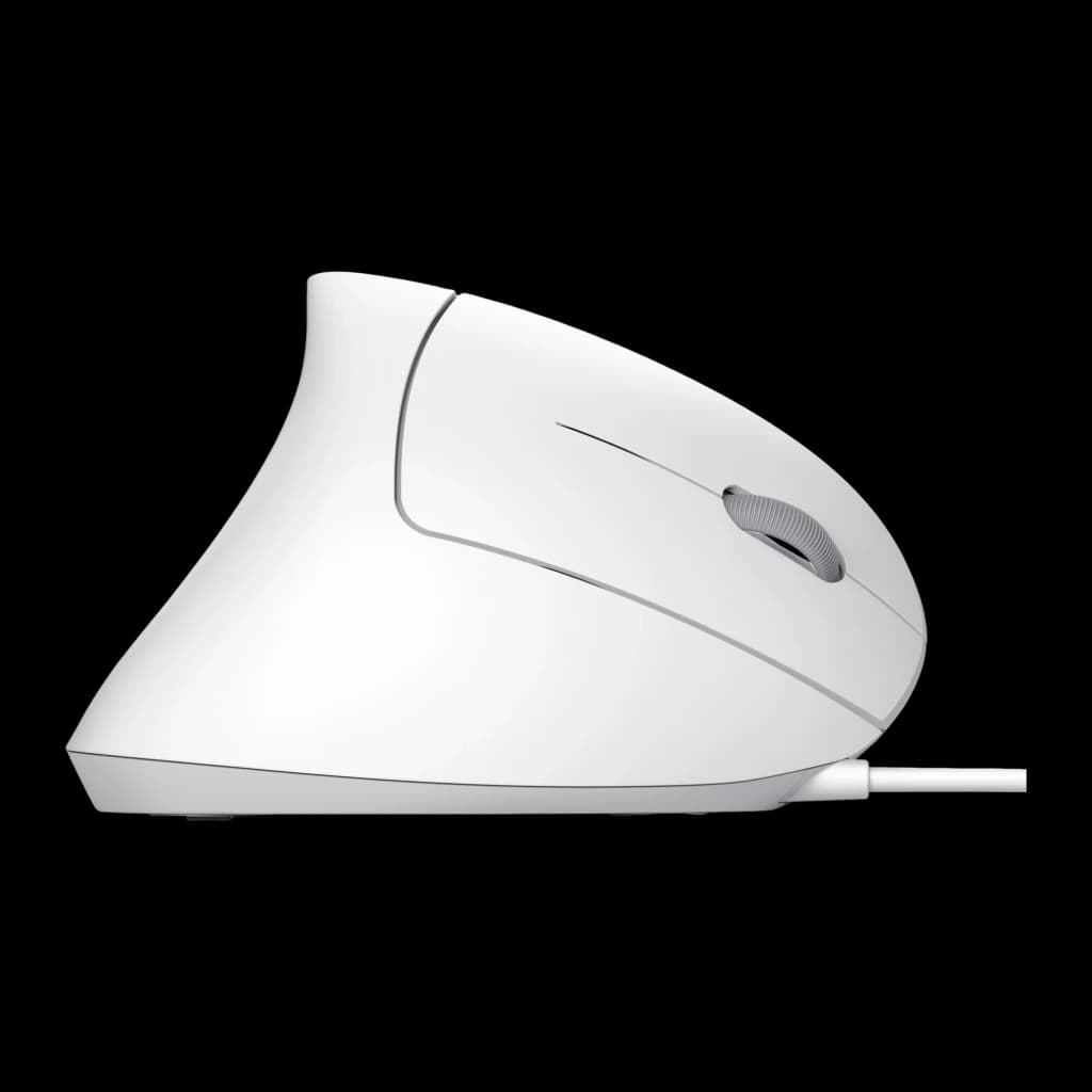 Trust Souris verticale ergonomique Verto blanc, vue latérale: profil ergonomique, molette grise et câble USB visibles