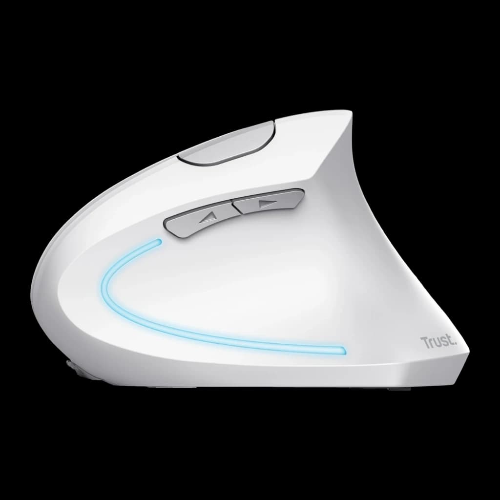 Trust Souris verticale ergonomique Verto blanche, vue latérale: bandeau LED bleu incurvé et boutons DPI gris