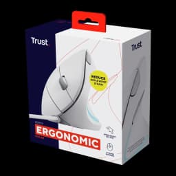 Trust Souris Verticale Ergonomique Verto Blanc, boîte: packaging avant en angle avec souris blanche et texte Ergonomic Mouse