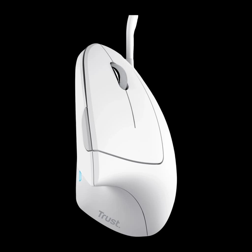 Trust Souris verticale ergonomique Verto blanc, vue latérale: molette grise, bouton latéral bleu, câble USB et logo Trust