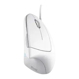 Trust Souris verticale ergonomique Verto blanc, vue latérale: molette grise, bouton latéral bleu, câble USB et logo Trust