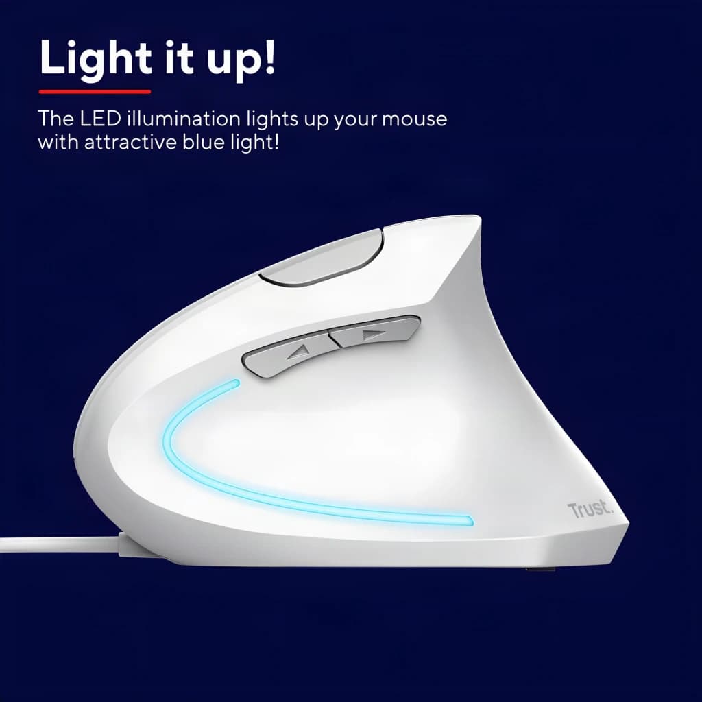 Trust Souris verticale ergonomique Verto Blanc, vue latérale: éclairage LED bleu sur la base et boutons latéraux visibles