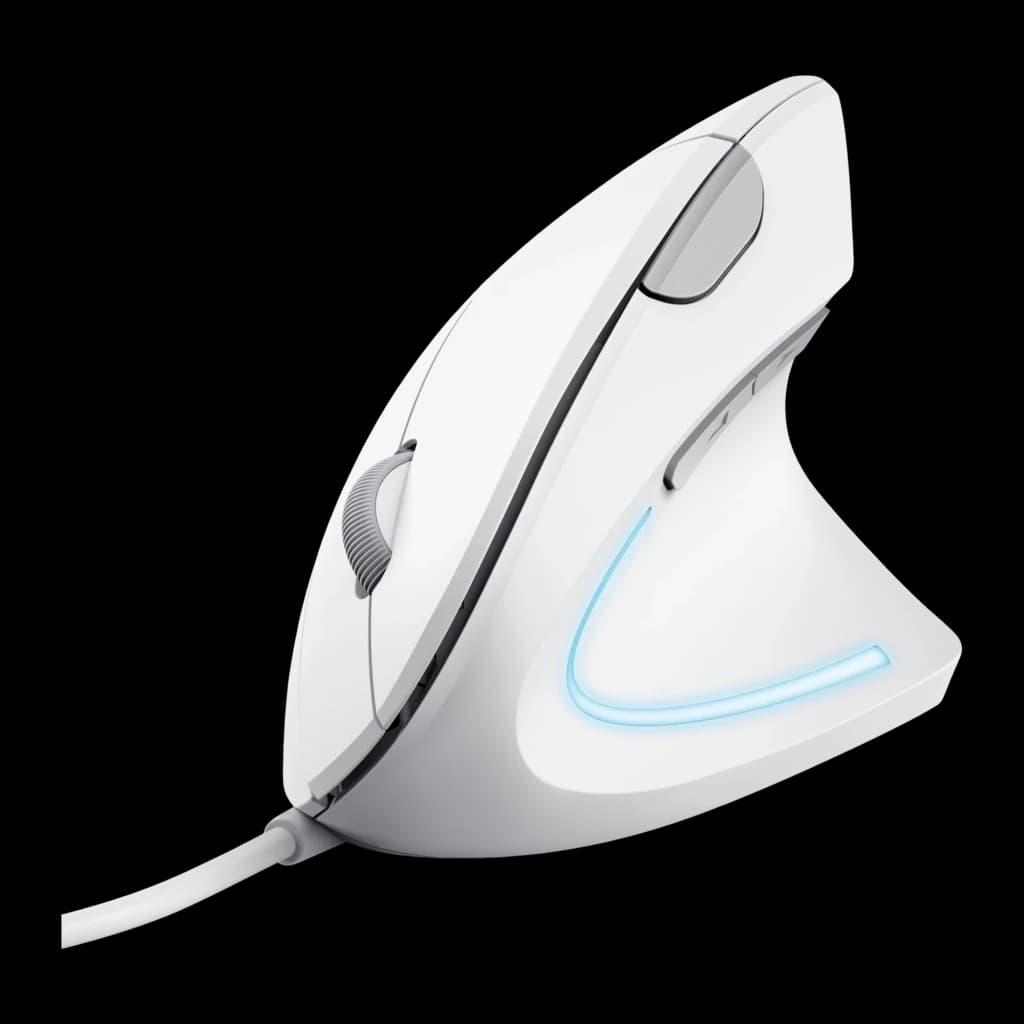 Trust Souris verticale ergonomique Verto Blanc, vue latérale droite: forme verticale, LED bleue sur la base et molette grise