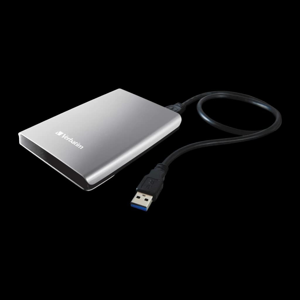 Verbatim Store n Go 2TB plata, vista en perspectiva con cable: conector USB 3.0 azul conectado al disco