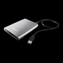 Verbatim Store n Go 2TB plata, vista en perspectiva con cable: conector USB 3.0 azul conectado al disco
