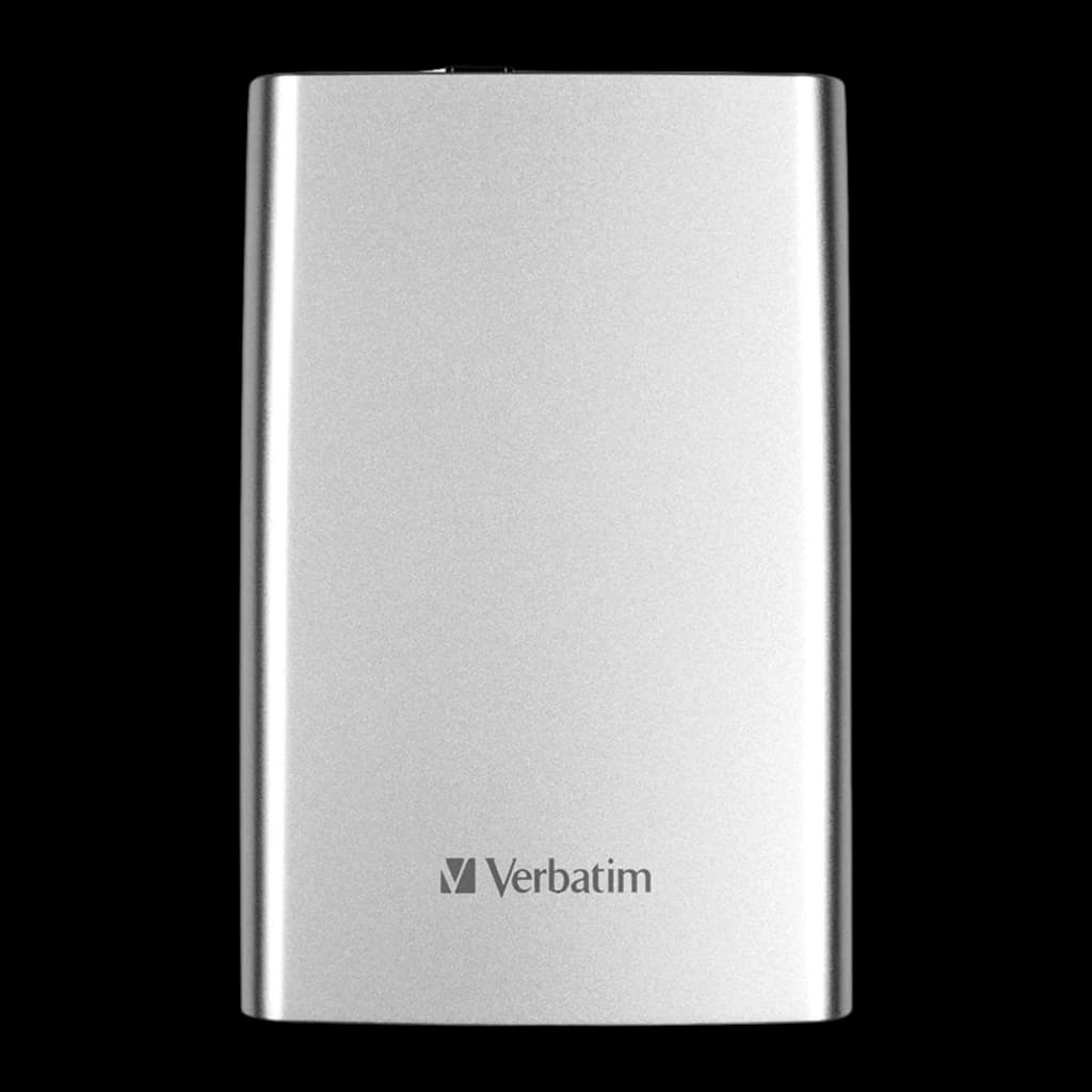 Verbatim Store n Go 2TB plata, vista frontal: carcasa metálica con logo Verbatim en esquina inferior