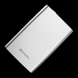 Verbatim Store n Go 2TB plata, vista en ángulo diagonal: carcasa metálica inclinada mostrando esquinas redondeadas