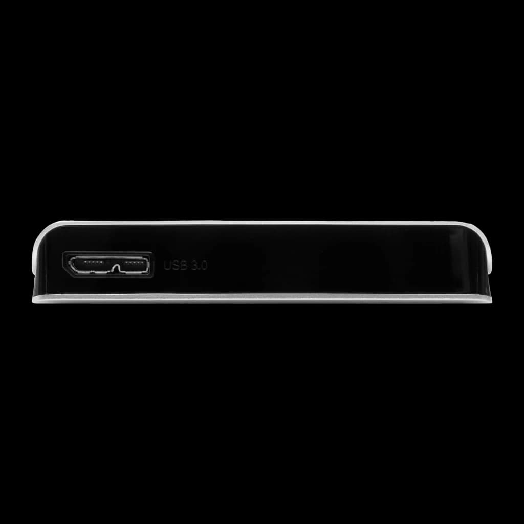 Verbatim Store n Go 2TB plata, vista lateral: puerto micro USB 3.0 con etiqueta USB 3.0 en canto negro