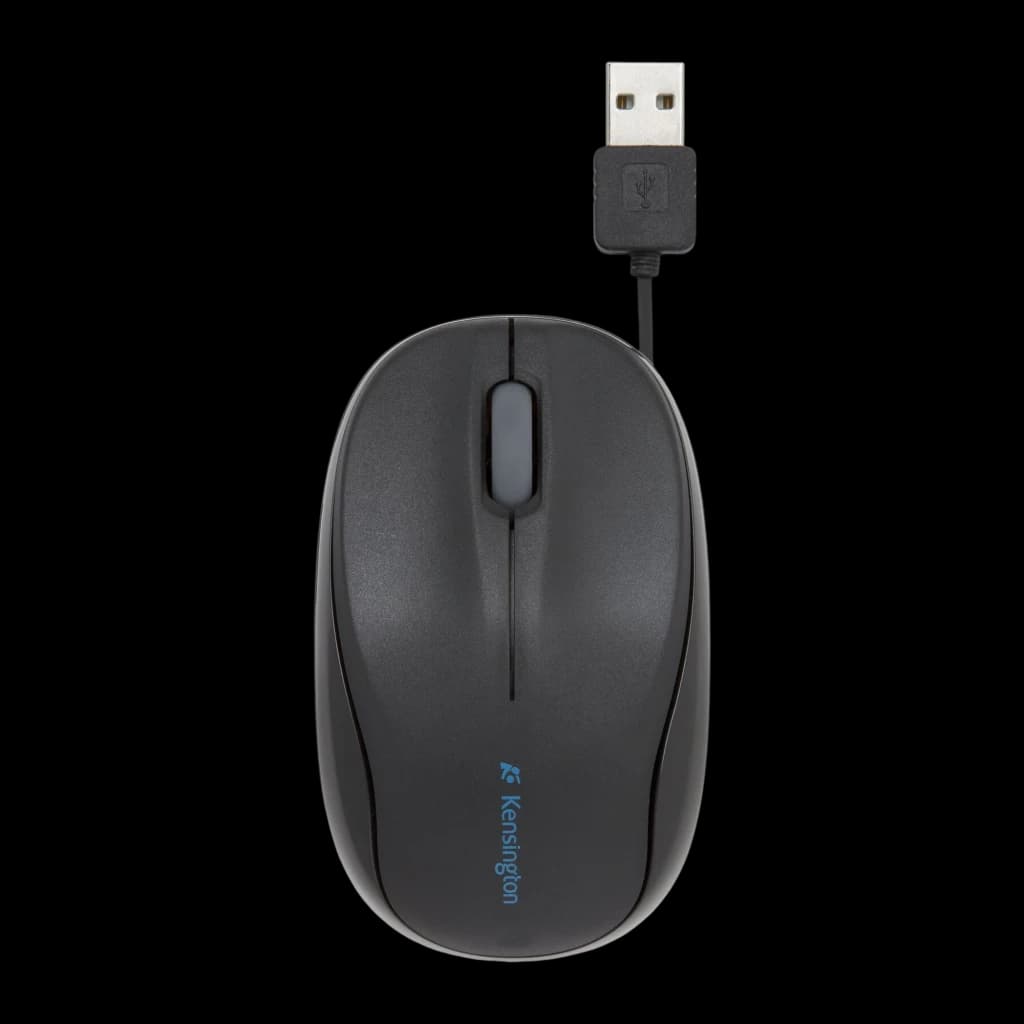 Kensington Pro Fit Rétractable Noir, vue du dessus: molette centrale, logo bleu et connecteur USB rétractable