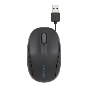 Kensington Pro Fit Retráctil Negro, vista superior: rueda central, logo azul y conector USB retráctil