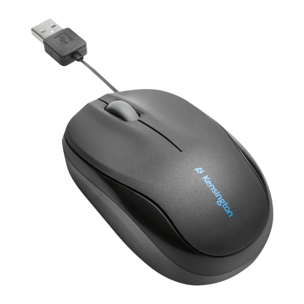 Kensington Pro Fit Retráctil Negro, vista superior: rueda central, logo azul y conector USB retráctil - Ítem1