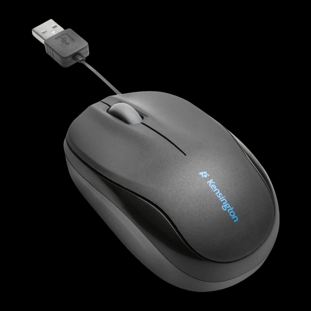 Kensington Pro Fit Rétractable Noir, vue en perspective: profil latéral, finition gris foncé et câble USB déployé
