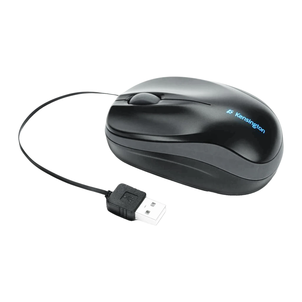 Kensington Pro Fit Retráctil Negro, vista superior: rueda central, logo azul y conector USB retráctil - Ítem2