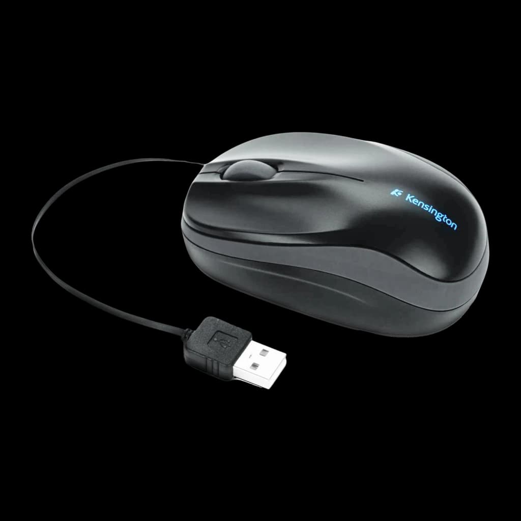 Kensington Souris Pro Fit rétractable portable noir, vue latérale: câble USB rétractable déployé et logo bleu illuminé