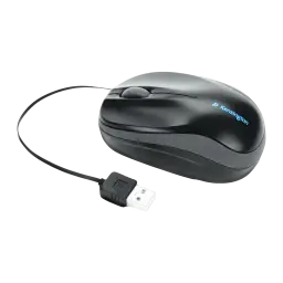 Kensington Souris Pro Fit rétractable portable noir, vue latérale: câble USB rétractable déployé et logo bleu illuminé
