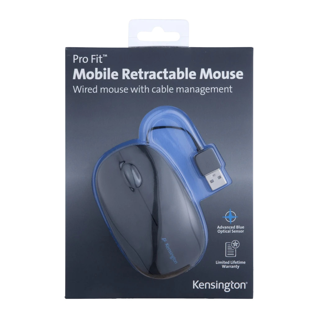 Kensington Pro Fit Retráctil Negro, vista superior: rueda central, logo azul y conector USB retráctil - Ítem3