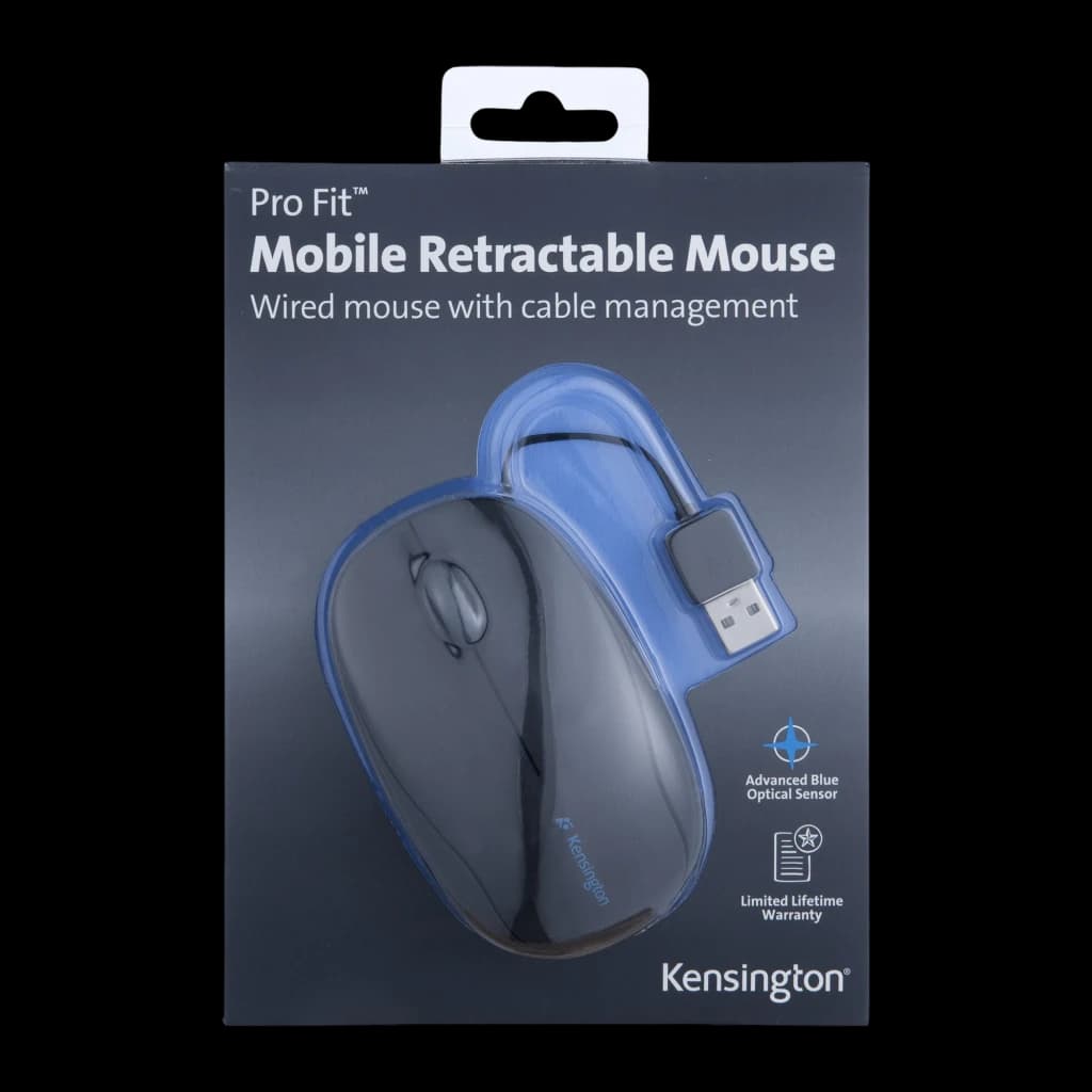 Kensington Pro Fit Souris rétractable noir, boîte avant: emballage avec souris et câble USB rétractable visibles