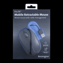 Kensington Pro Fit Souris rétractable noir, boîte avant: emballage avec souris et câble USB rétractable visibles