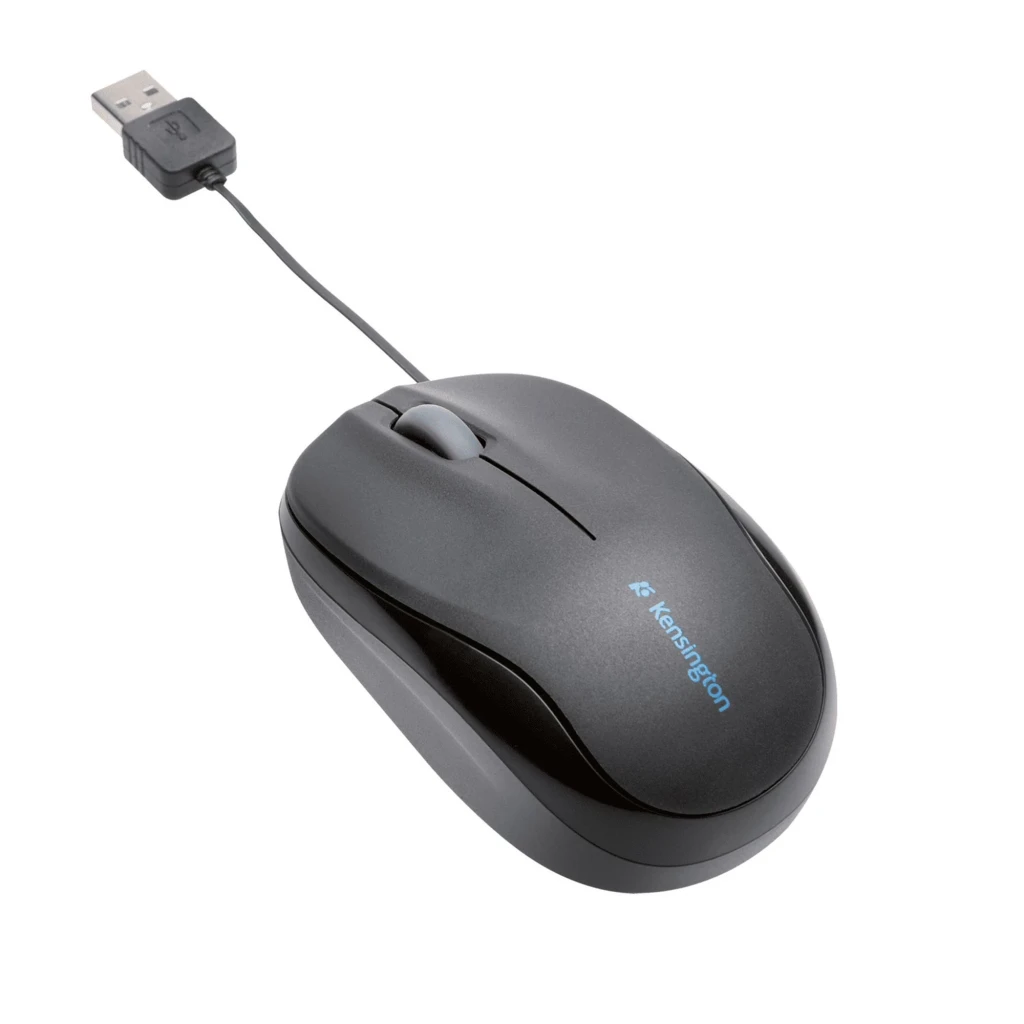 Kensington Pro Fit Retráctil Negro, vista superior: rueda central, logo azul y conector USB retráctil - Ítem5