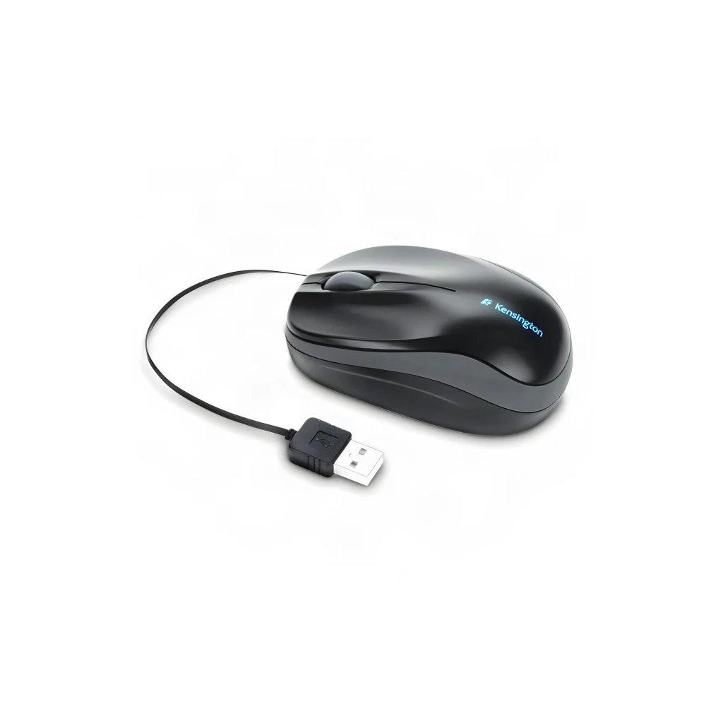 Kensington Pro Fit Retráctil Negro, vista superior: rueda central, logo azul y conector USB retráctil - Ítem6