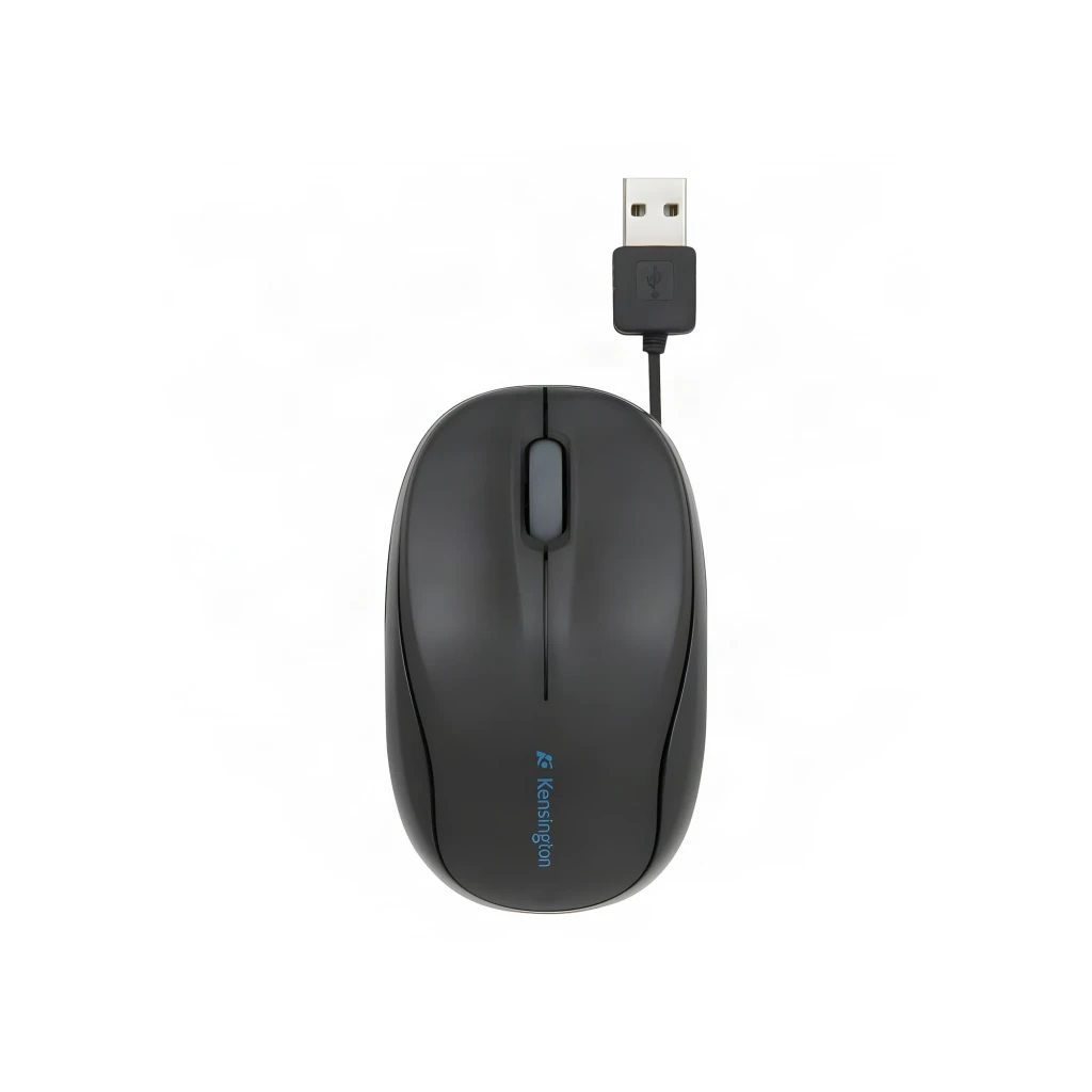 Kensington Pro Fit Retráctil Negro, vista superior: rueda central, logo azul y conector USB retráctil - Ítem7