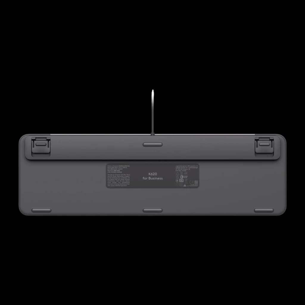 Logitech Signature Slim K620 For Business QWERTY Grafite, vista inferior: base com pés dobráveis e etiqueta K620 for Business