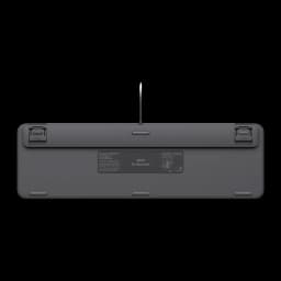 Logitech Signature Slim K620 For Business QWERTY Grafite, vista inferior: base com pés dobráveis e etiqueta K620 for Business