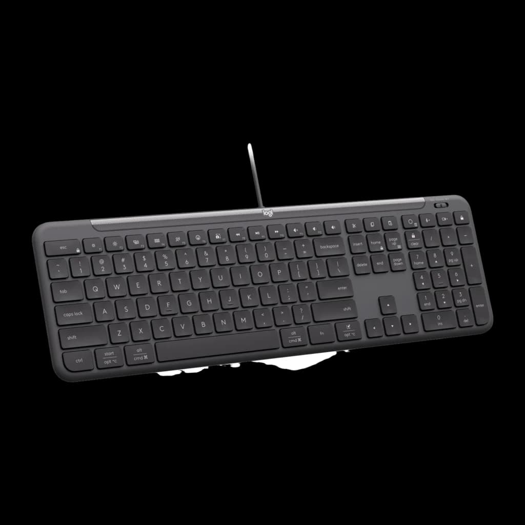 Logitech Signature Slim K620 For Business QWERTY Grafite, vista em ângulo frontal: perfil fino, teclas de função e cabo USB