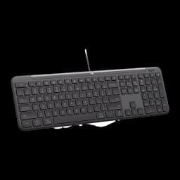 Logitech Signature Slim K620 For Business QWERTY Grafite, vista em ângulo frontal: perfil fino, teclas de função e cabo USB