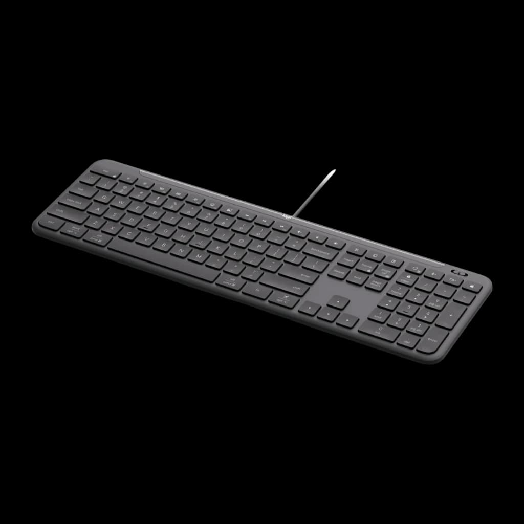 Logitech Signature Slim K620 For Business QWERTY Grafite, vista em ângulo lateral: perfil baixo e espessura uniforme