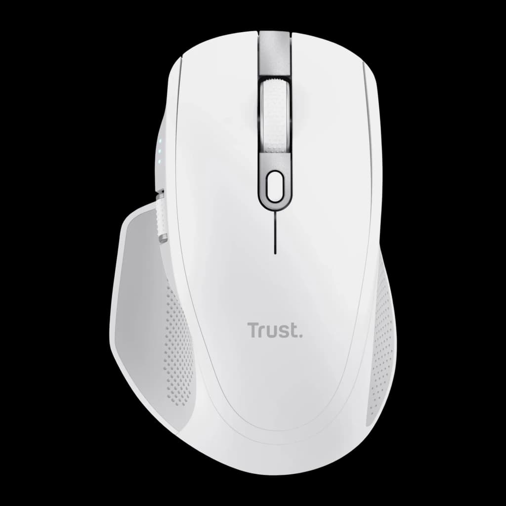 Trust Ozaa+ Multi-Connect Wireless Blanc, vue du dessus: molette texturée, boutons latéraux et logo Trust visibles