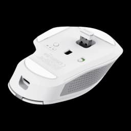 Trust Ozaa+ Multi-Connect Wireless Blanc, vue dessous: nano récepteur USB sorti, capteur optique, port USB-C et patins