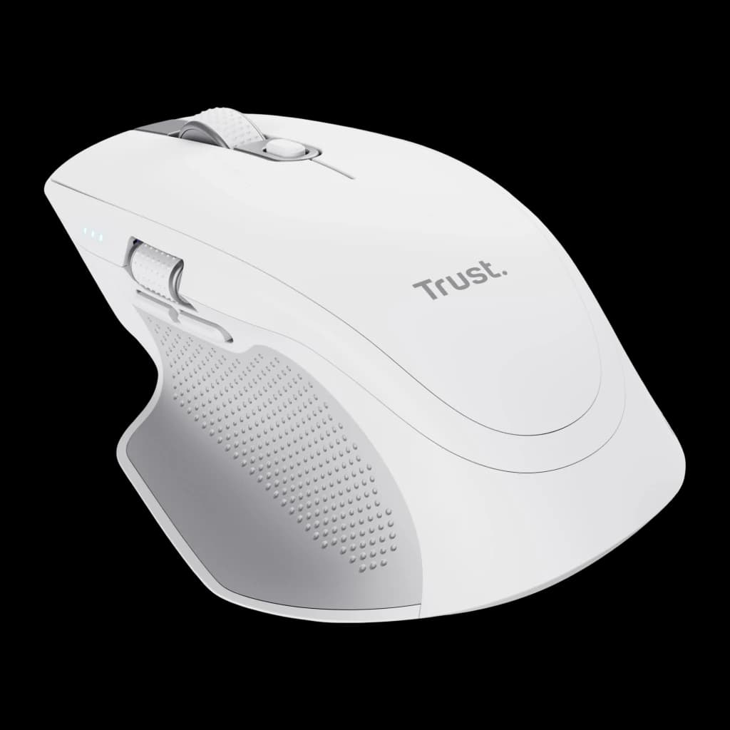 Trust Ozaa+ Multi-Connect Wireless Blanc, vue latérale gauche: molette, boutons latéraux texturés et indicateurs LED bleus