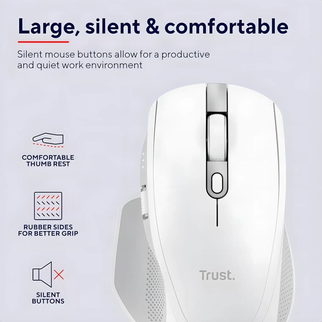 Trust Souris Ozaa+ Multi-Connect Wireless Blanc, vue latérale: molette argentée, bouton DPI et côtés en caoutchouc