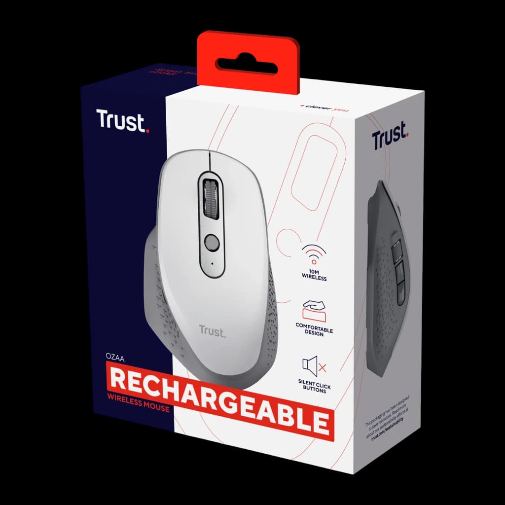 Trust Ozaa+ Multi-Connect Wireless Blanc, boîte: emballage en angle avec souris blanche et texte Rechargeable