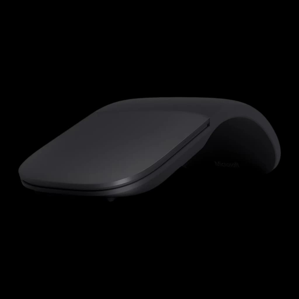Microsoft Surface Arc Mouse noir, vue latérale: profil arqué avec surface mate et logo Microsoft