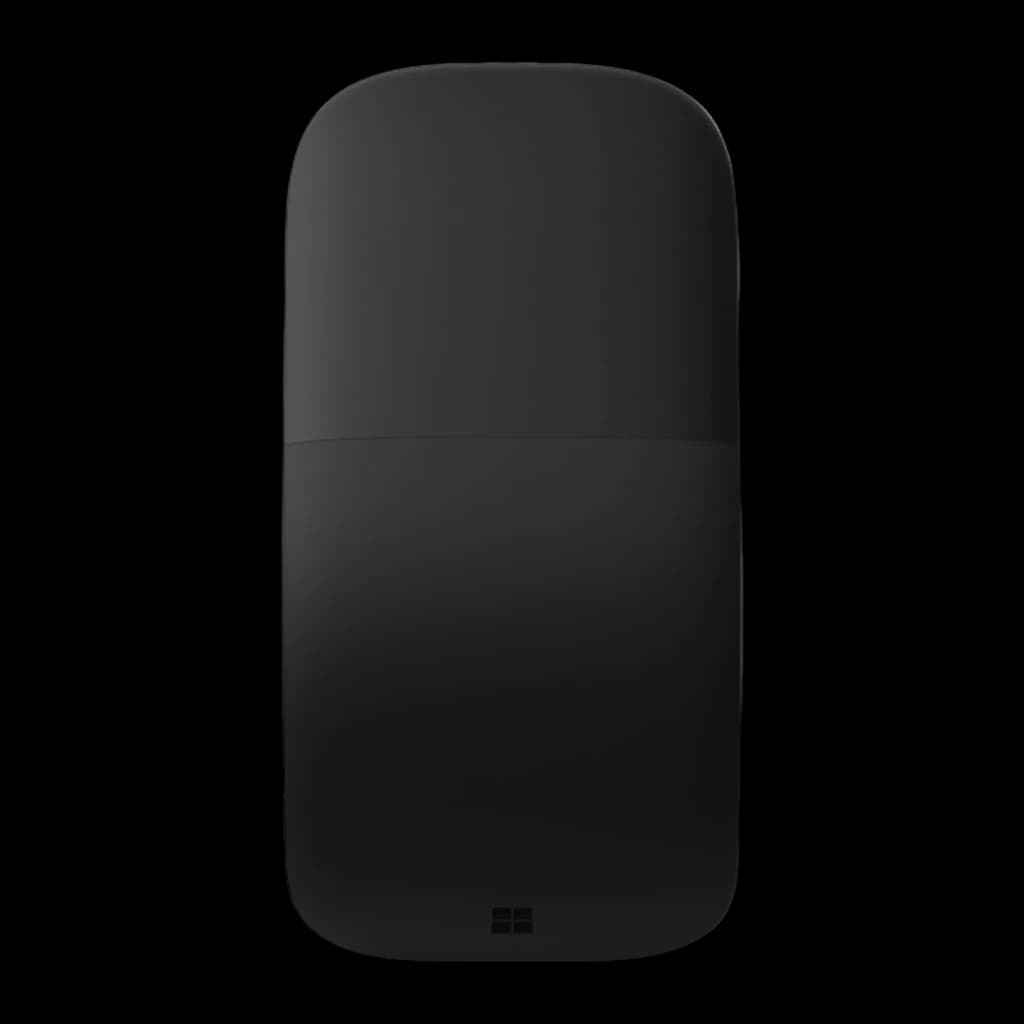 Microsoft Surface Arc Mouse noir, vue du dessus: design plat avec ligne de séparation et logo Windows centré