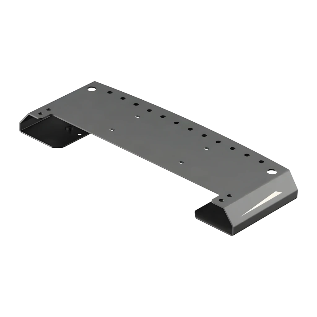 Moza Racing placa extensión controlador pedales negro, vista isométrica: placa metálica con orificios de montaje y patas