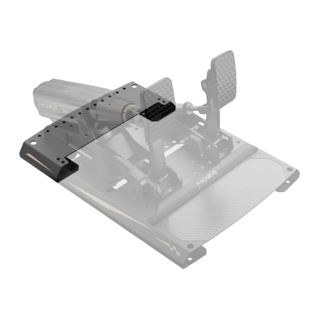 Moza Racing placa extensión controlador pedales negro, vista perspectiva: placa negra montada en base de pedales