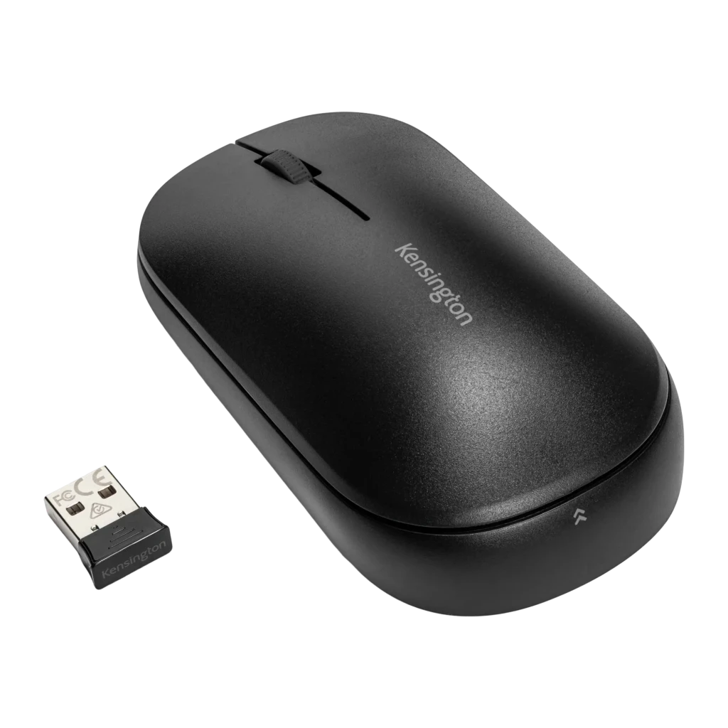 Kensington SureTrack Dual preto, vista superior com kit: rato e nano recetor USB à esquerda, roda e logótipo visíveis de cima - Item1