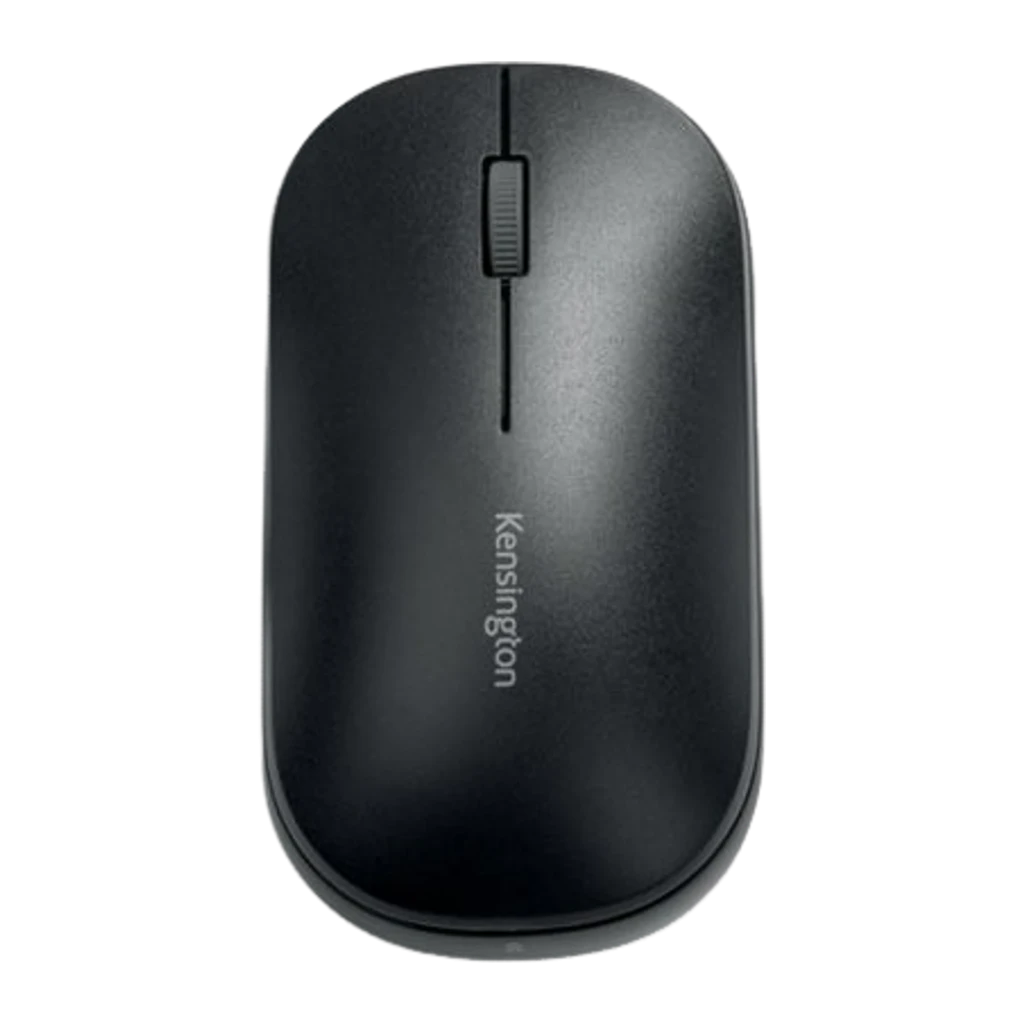 Kensington SureTrack Dual preto, vista superior com kit: rato e nano recetor USB à esquerda, roda e logótipo visíveis de cima - Item4