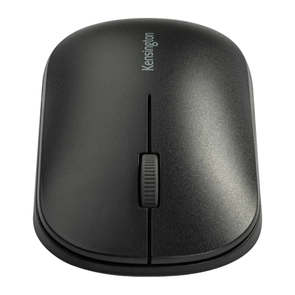 Kensington SureTrack Dual preto, vista superior com kit: rato e nano recetor USB à esquerda, roda e logótipo visíveis de cima - Item2