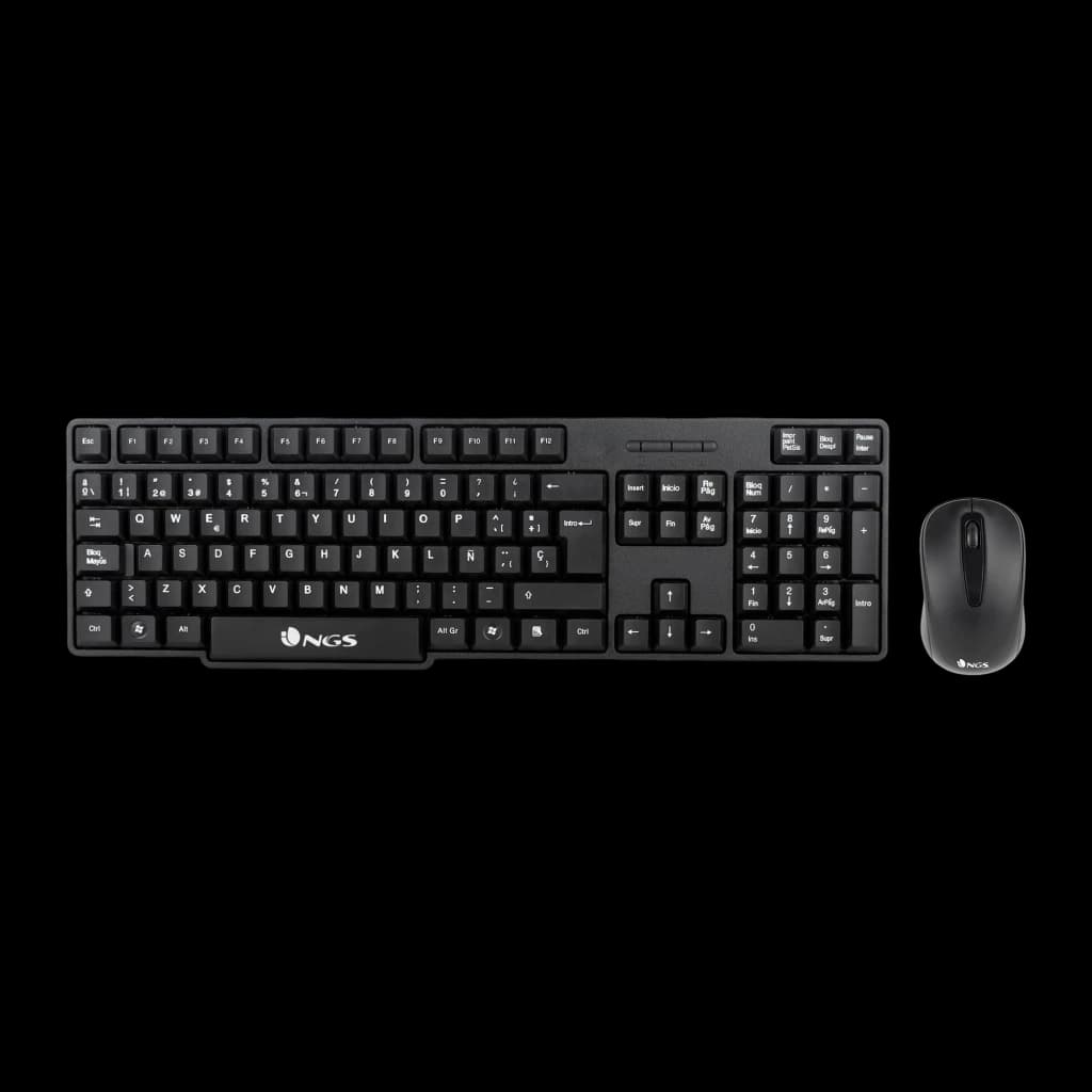 NGS Euphoria Kit preto, vista de cima sem recetor: teclado e rato preto sobre fundo escuro