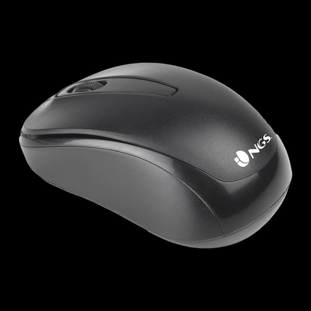 NGS Euphoria Kit preto, rato em primeiro plano: vista lateral com roda de scroll e logótipo NGS